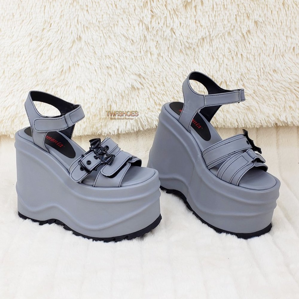 Reflective 6" Platform Goth Wedge Sandals Wave Gray - Picture 11 of 17
